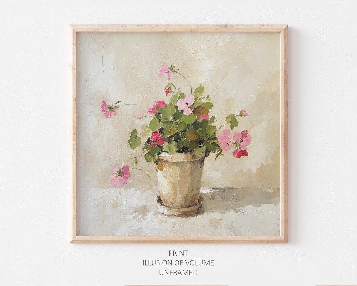 Geranium Oil-Painting Style Art Print, Farmhouse Decor