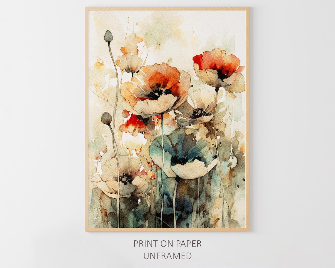 Poppy Floral Watercolor Art Print, Wildflowers