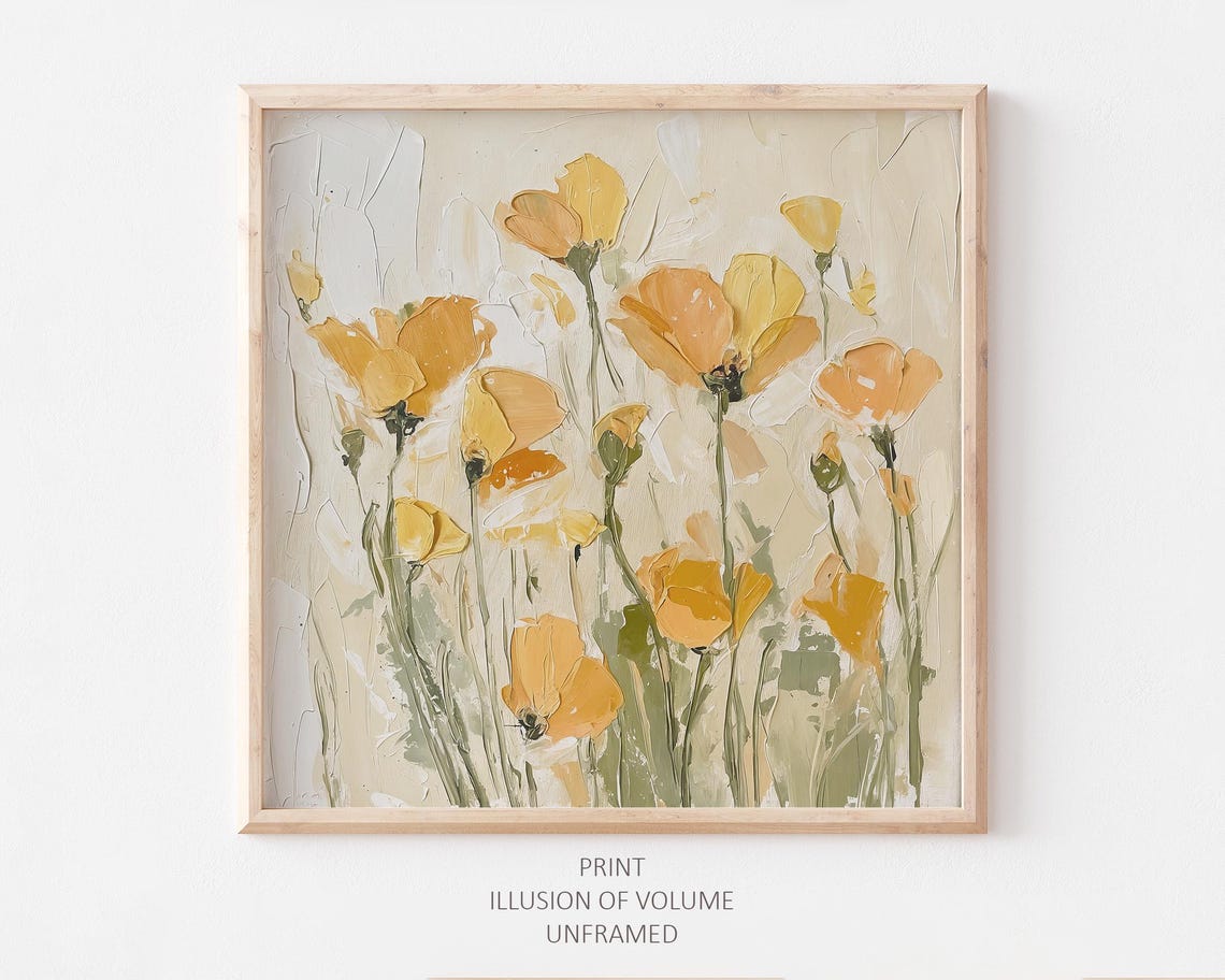Golden Yellow Poppy Meadow Textured Neutral Floral Oil Art Print