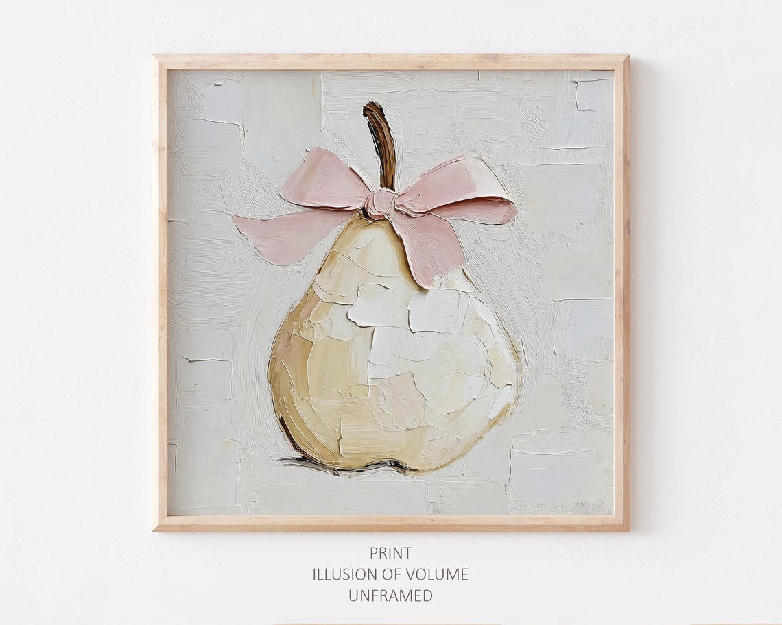 Pear With Pink Bow Oil Painting Cream Coquette Kitchen Wall Art Print