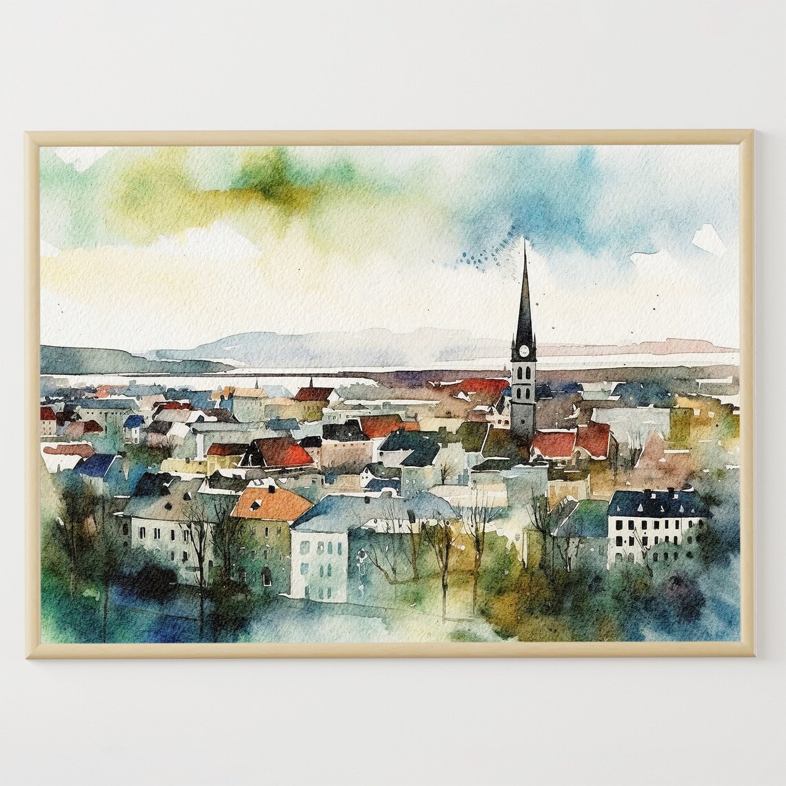 Reykjavik Watercolor Cityscape, Iceland Travel Poster