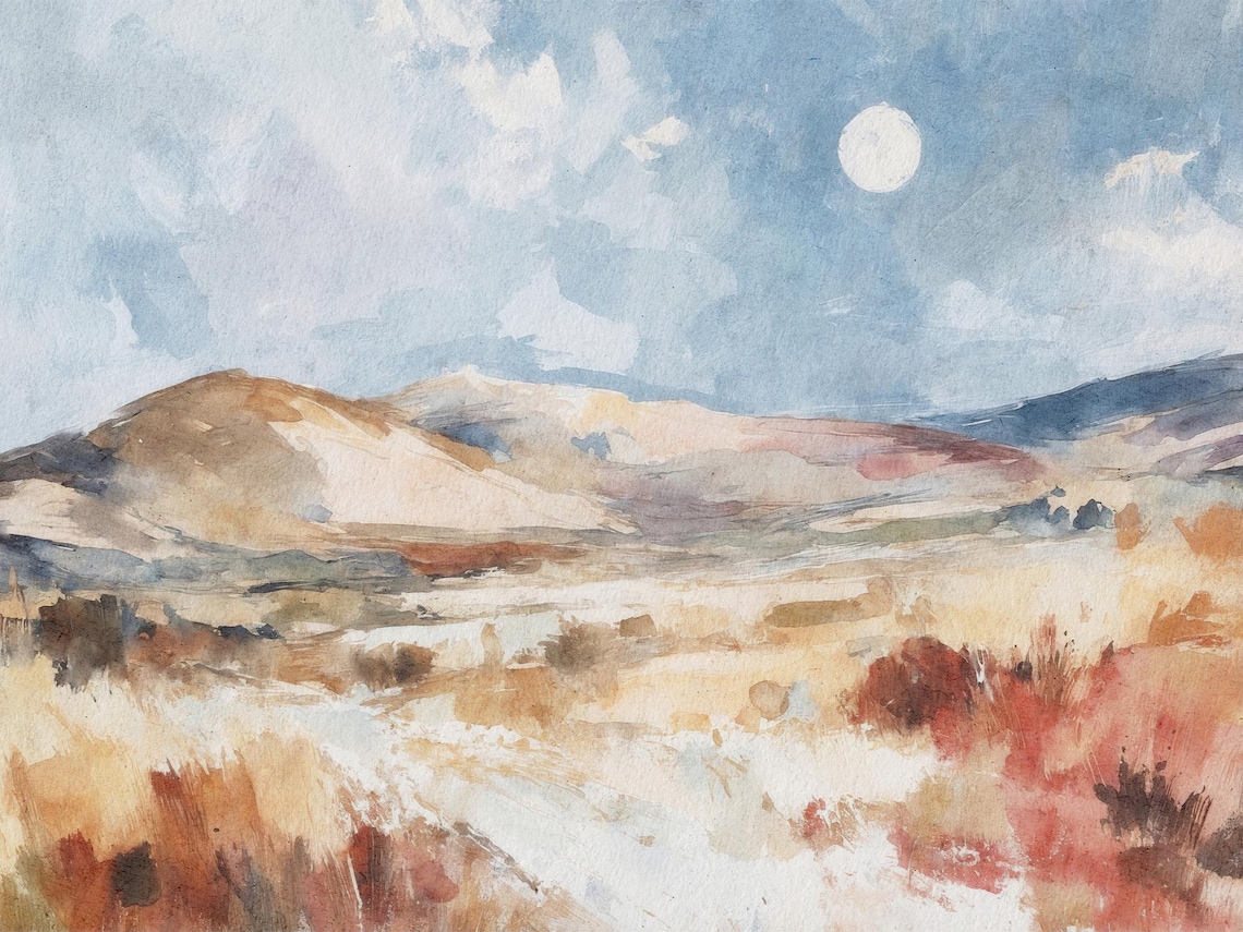 Moonlit Desert Landscape Watercolor Southwestern Scenic Poster