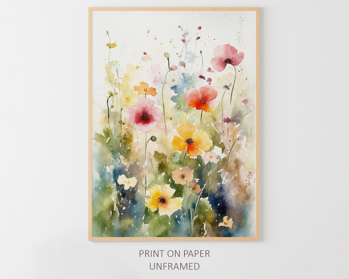 Wildflowers Watercolor Print, Spring Meadow Flowers