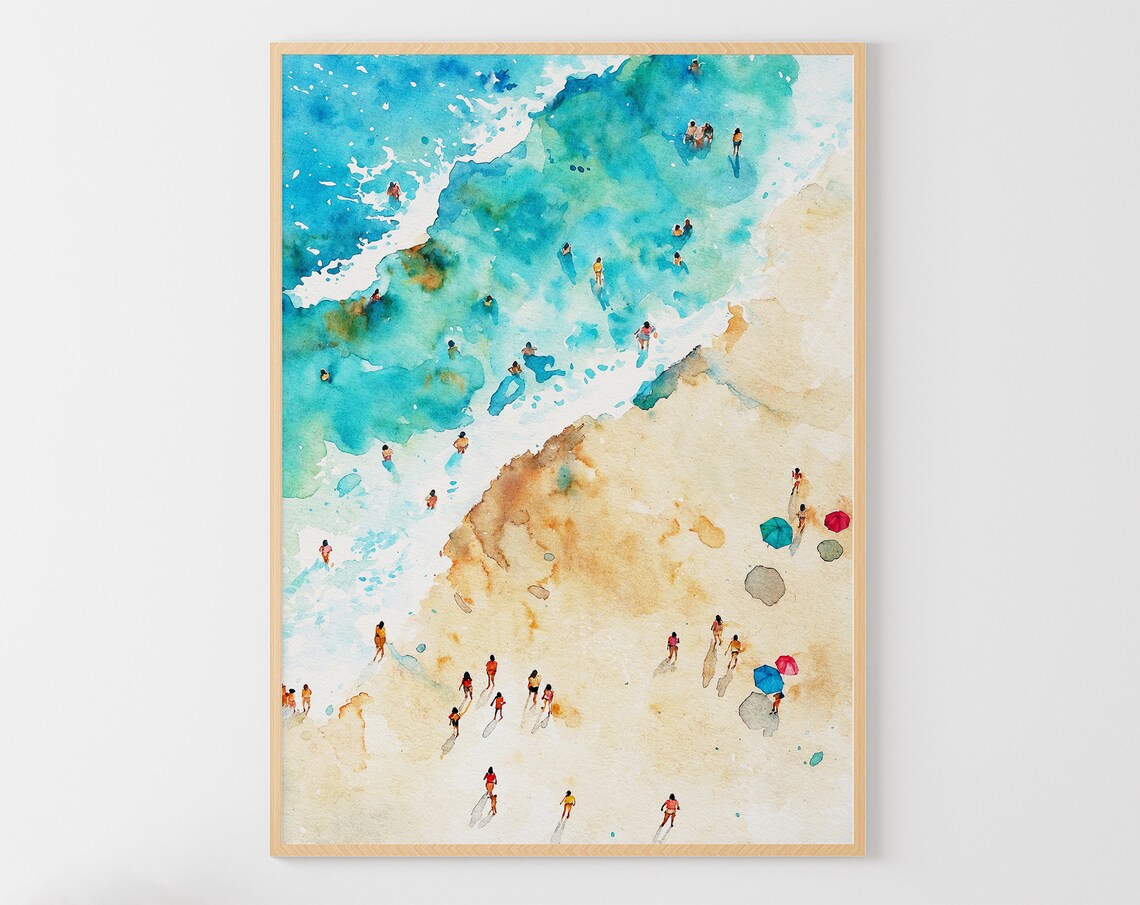 Swimming People Watercolor Print, Ocean Beach Poster