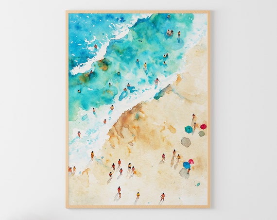 Swimming People Watercolor Print, Ocean Beach Poster