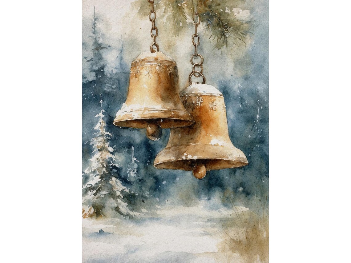 Christmas Golden Bells Snowy Forest Watercolor Holiday Art Poster