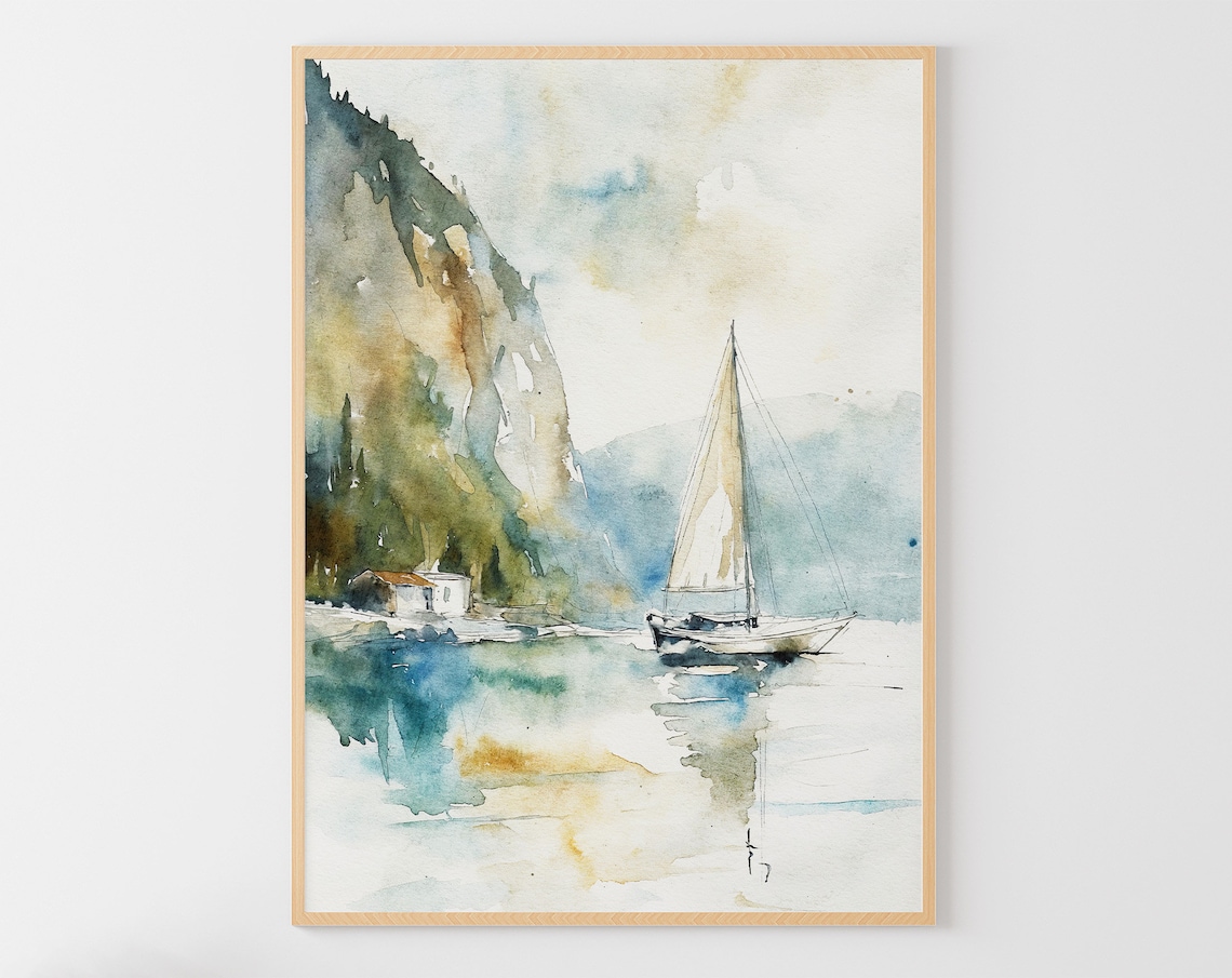 Capri Sailboat Watercolor Art Print, Italian Coast