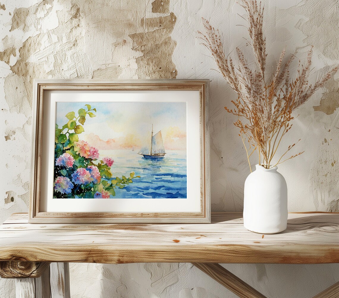 Nantucket Cape Cod Hydrangea Sailboat Watercolor Art Print - Image 2