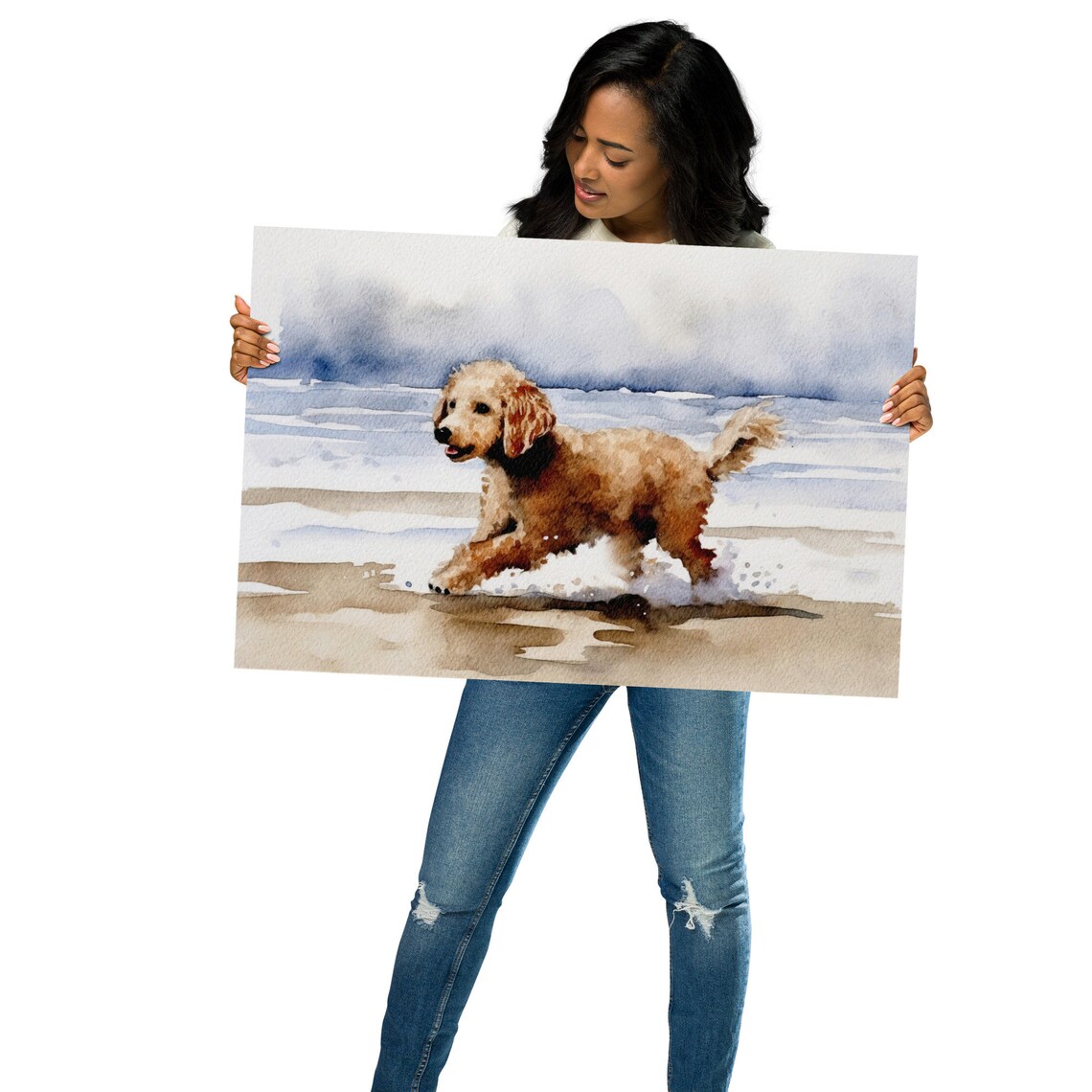 Running Dog on Beach, Neutral Watercolor Art Print - Image 2