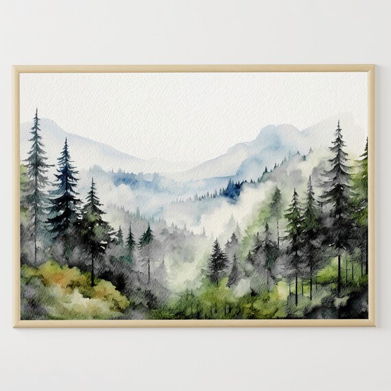 Appalachian Mountains Watercolor Painting Foggy Forest Landscape Pine Trees Art Print