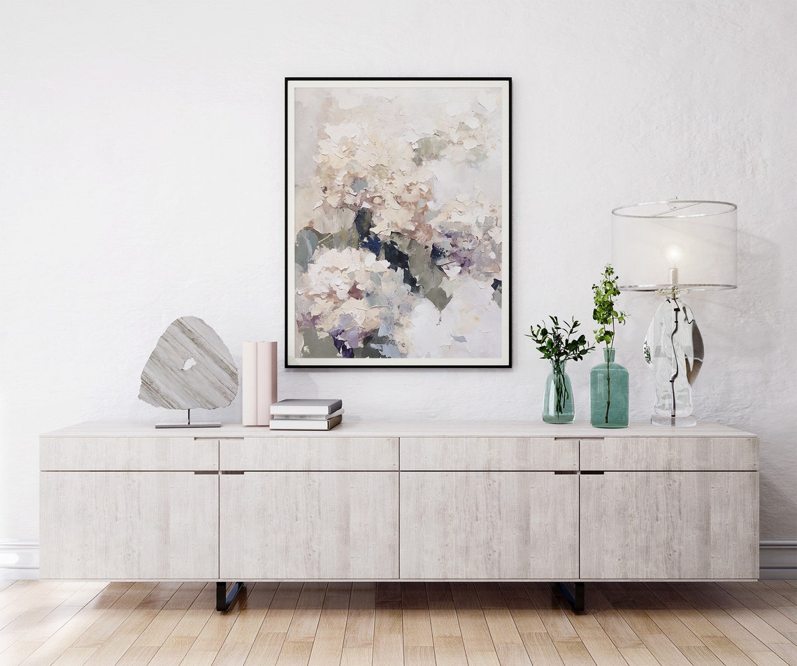 Cream White Hydrangea Blooms Textured Neutral Floral Oil Art Print - Image 2