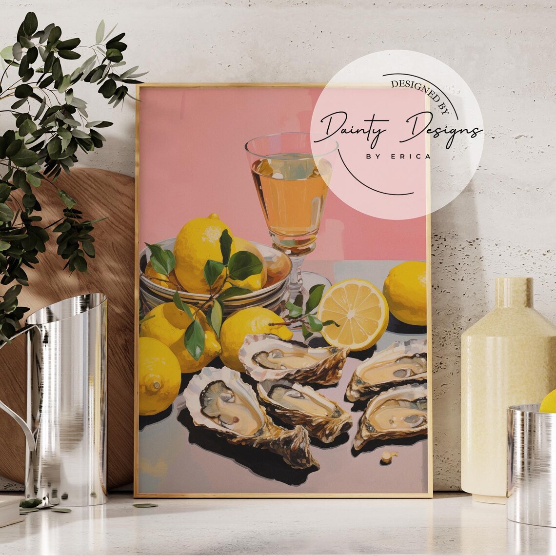 Oysters and Lemons Painting Wine Glass Pink Coastal Kitchen Print
