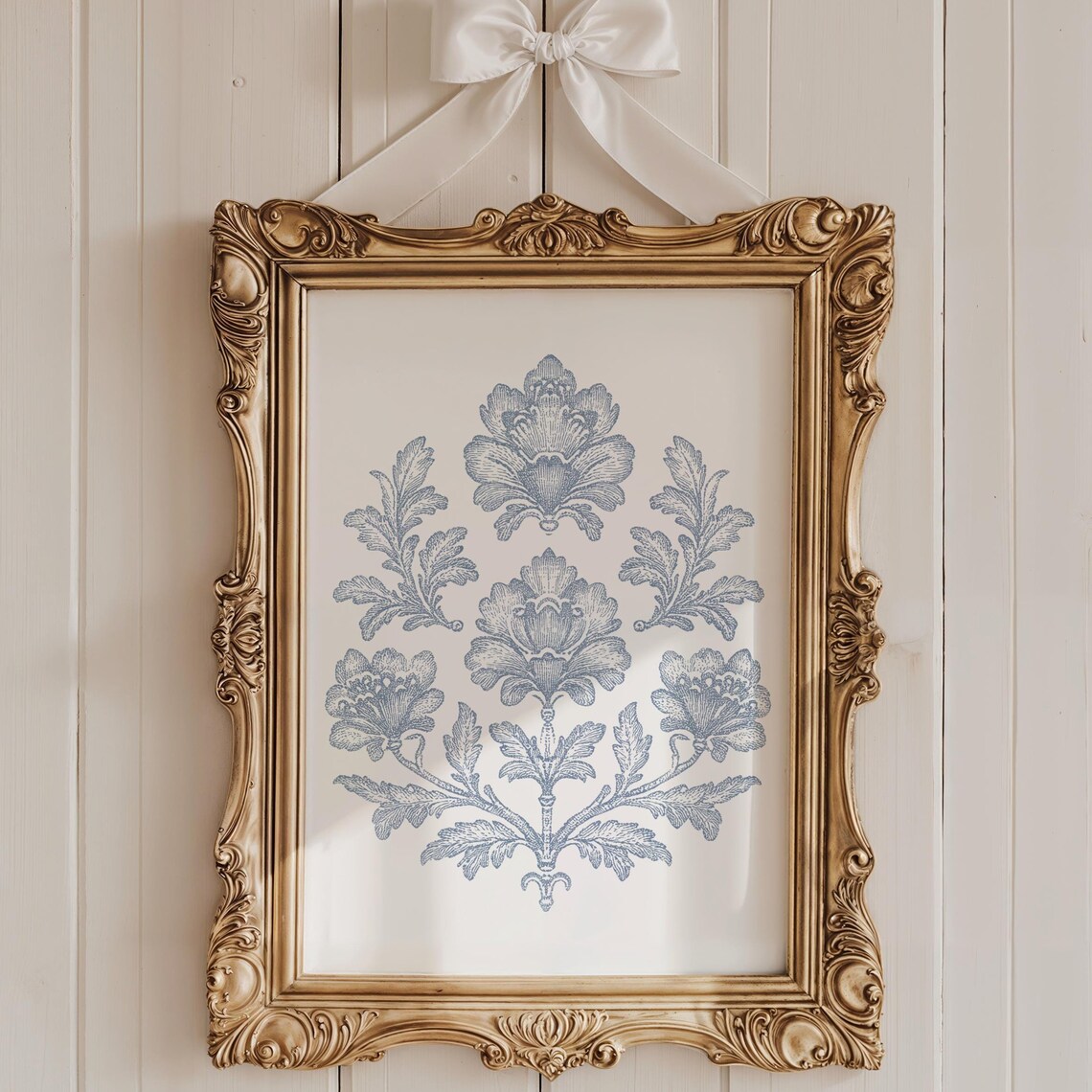 Blue Ink Line Botanical Damask French Country Floral Wall Art - Image 2
