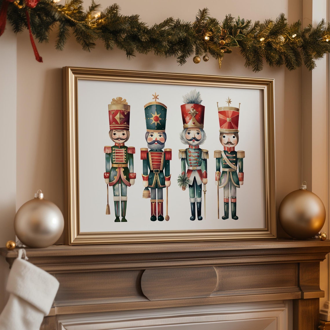 Four Nutcracker Soldiers Watercolor Traditional Christmas Art Poster