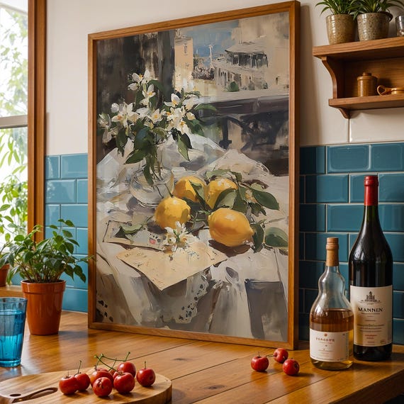 Amalfi Lemon Still Life Print Mediterranean Summer Kitchen Wall Art Italian Citrus Table Decor Vintage Coastal