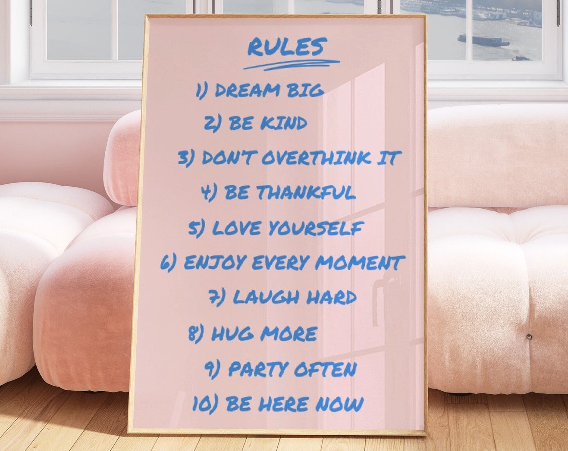 House Rules Dream Big Be Kind Ten Rules Pink Blue Retro Quote Poster - Image 4