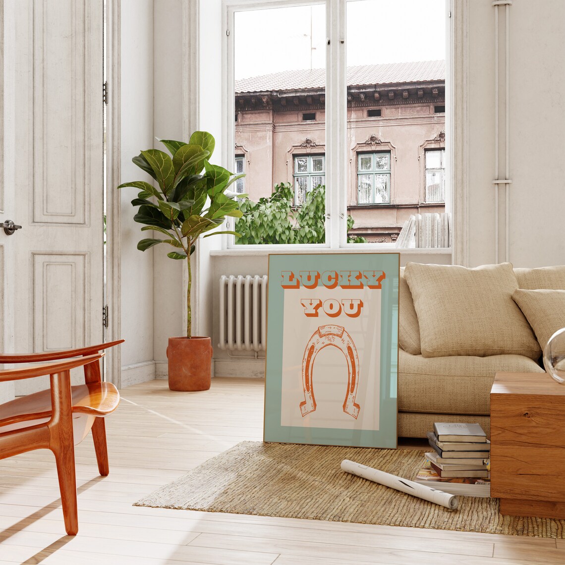 Lucky You Horseshoe Retro Orange And Teal Vintage Design Wall Art - Image 3