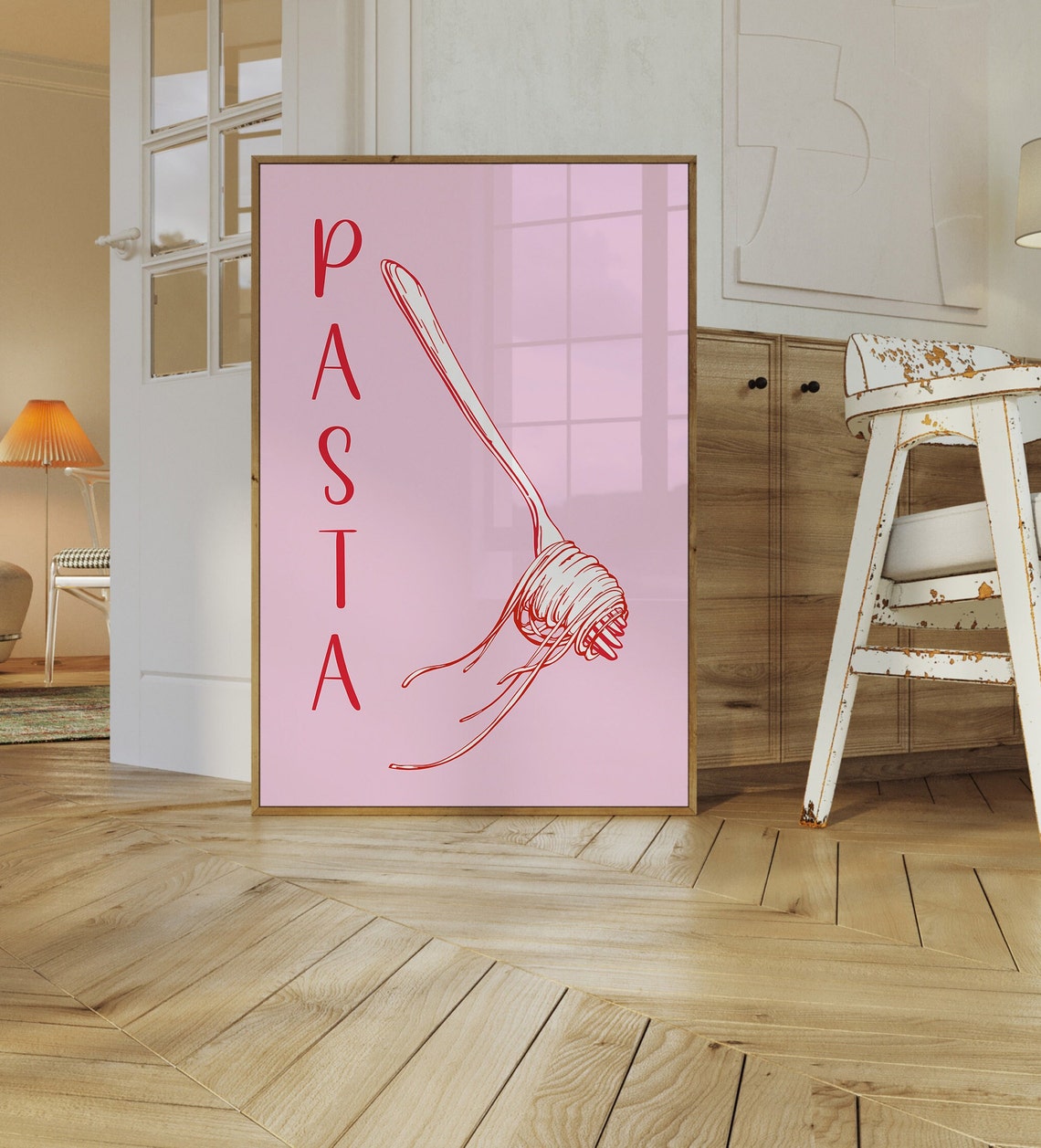 Pasta Fork Twirling Spaghetti Red Line Art on Pink Kitchen Poster - Image 2