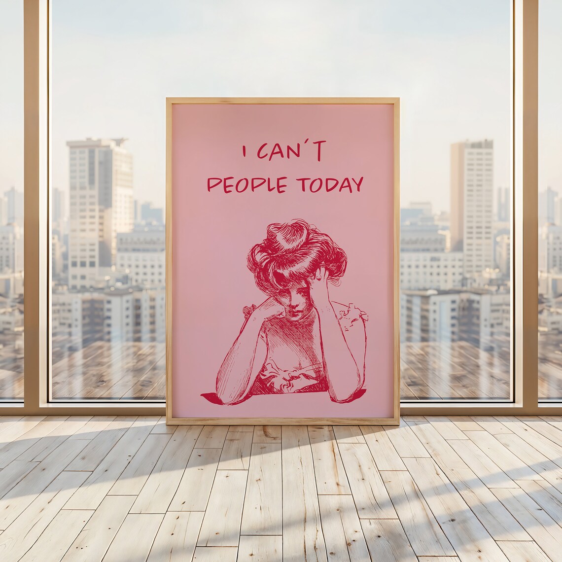 I Can't People Today Pink Vintage Woman Sketch Funny Quote Poster - Image 3