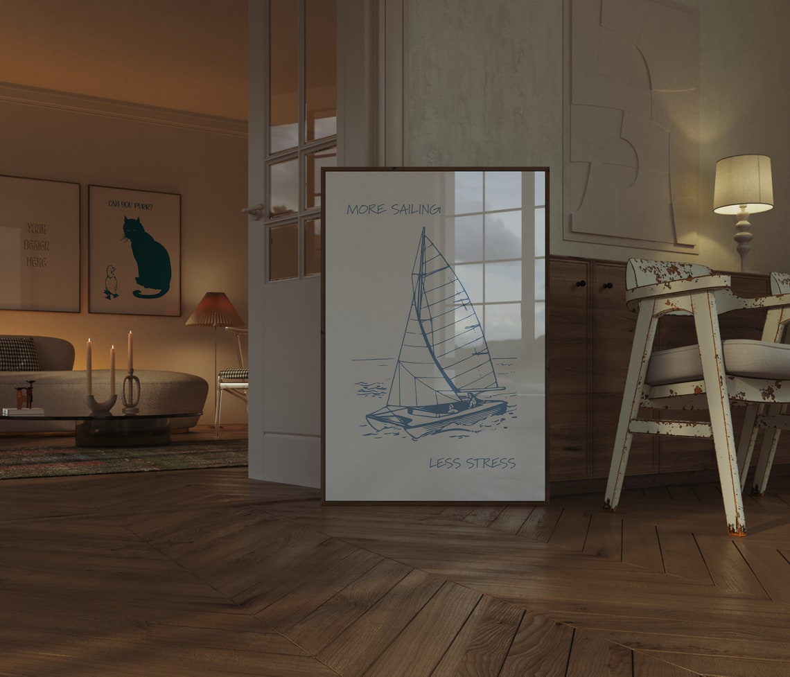 More Sailing Less Stress Blue Sailboat Line Drawing Quote Poster - Image 2