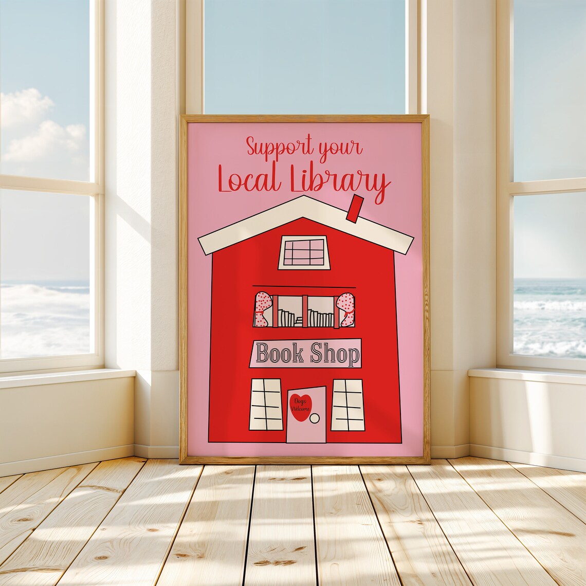 Support Your Local Library Pink Red Book Shop House Art Poster - Image 3