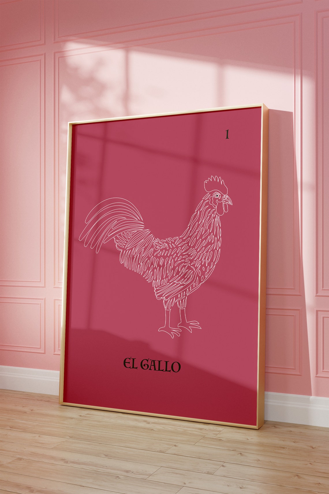 El Gallo Rooster Magenta Mexican Loteria Line Art Card Poster - Image 3