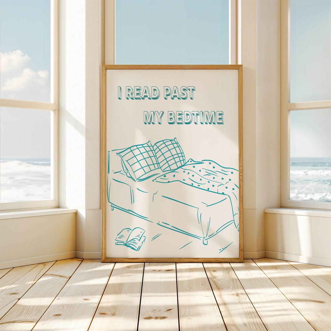 I Read Past My Bedtime Teal Green Cozy Bed Line Art Sketch Poster - Image 2
