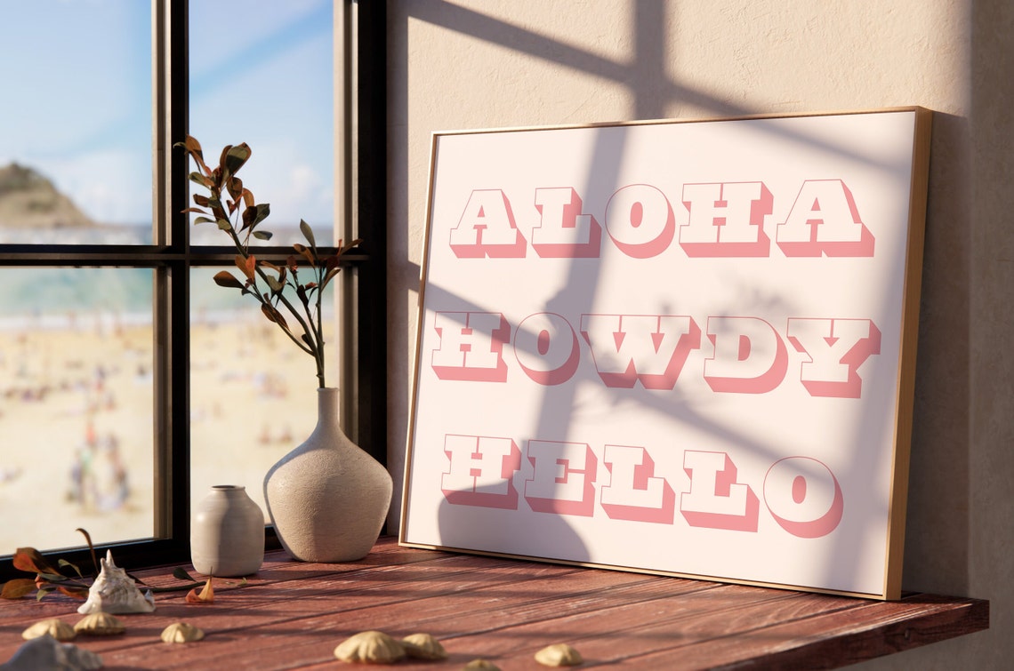 Aloha Howdy Hello Pink Retro Western Typography Quote Wall Art - Image 2