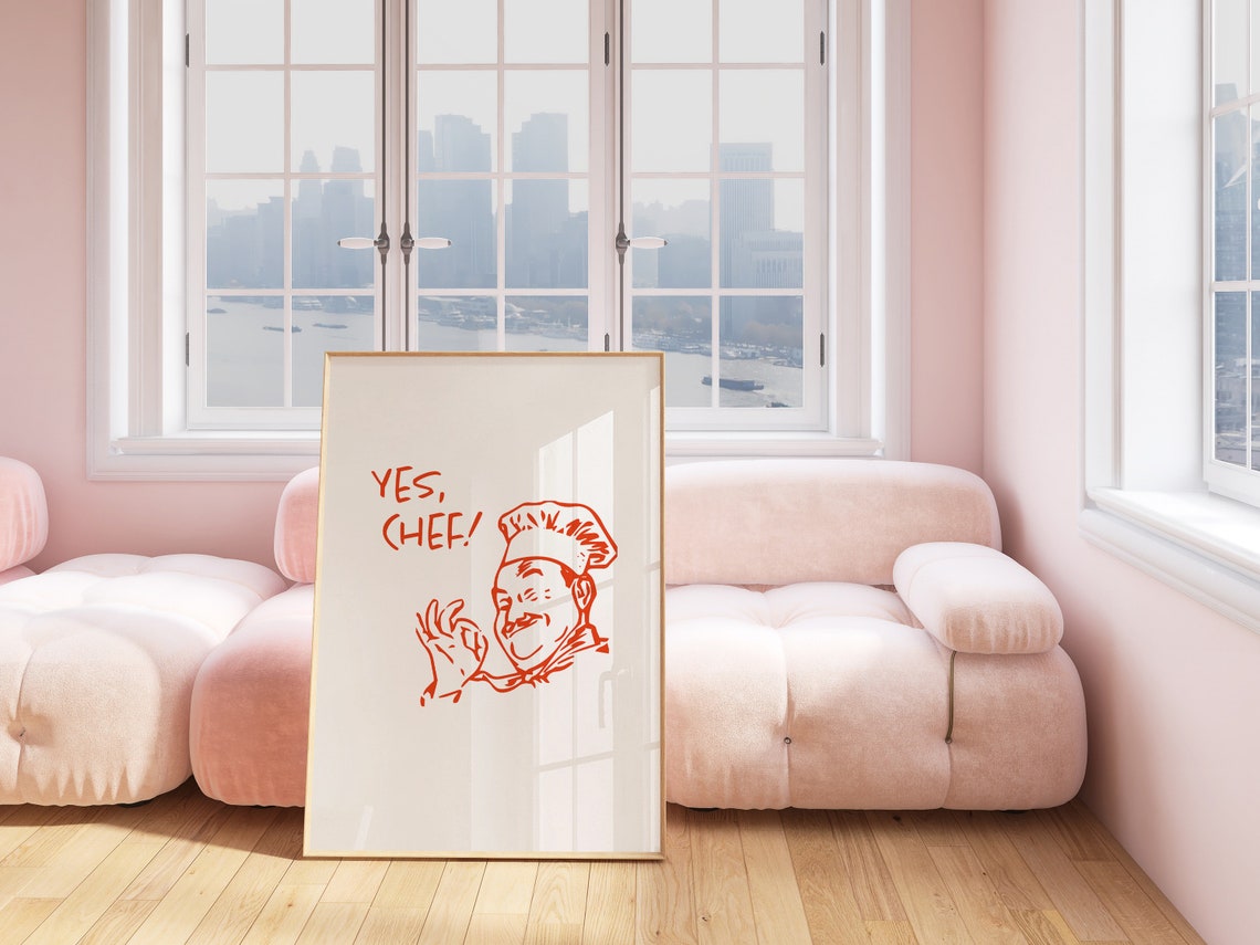 Yes Chef Red Line Drawing Winking Retro Chef Kitchen Art Poster - Image 3