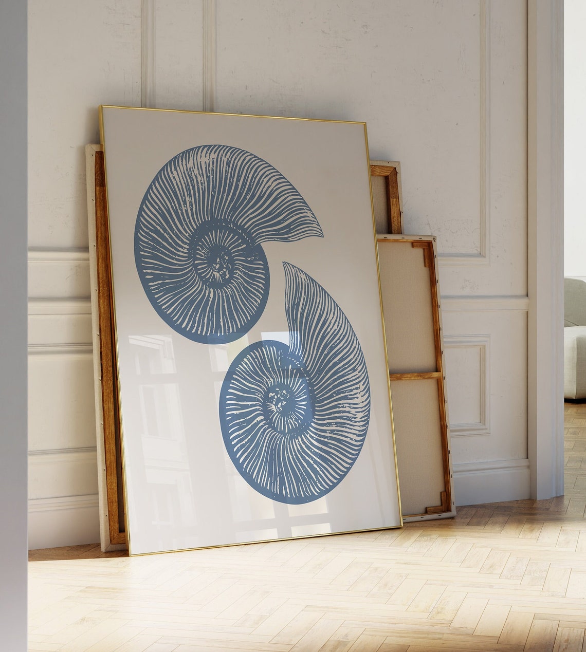 Blue Nautilus Shell Pair Coastal Cream Minimal Beach Decor Poster - Image 2