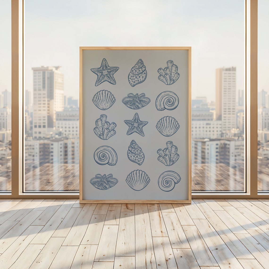 Blue Seashell Sketch Grid Coastal Beach House Typography Poster - Image 2
