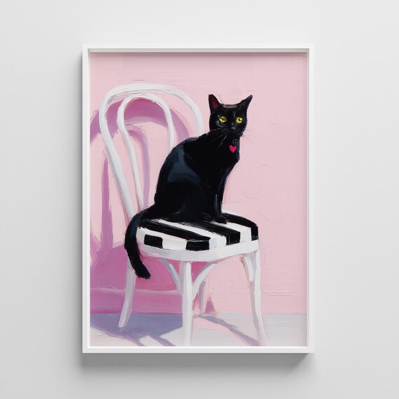Black Cat On White Chair Pink Background Whimsical Cat Lover Poster