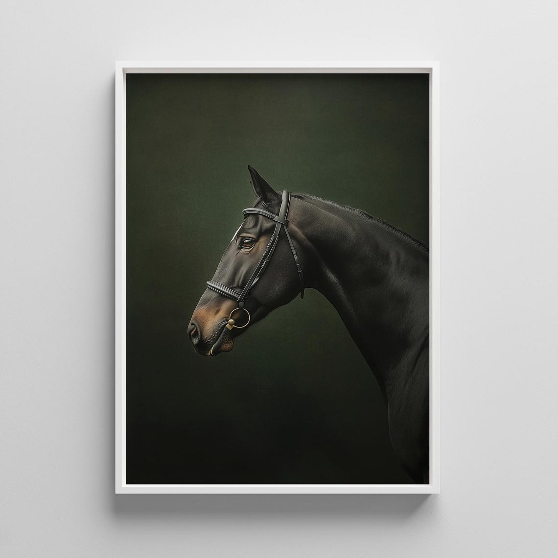 Black Horse Portrait Dark Green Background Equestrian Fine Art Poster