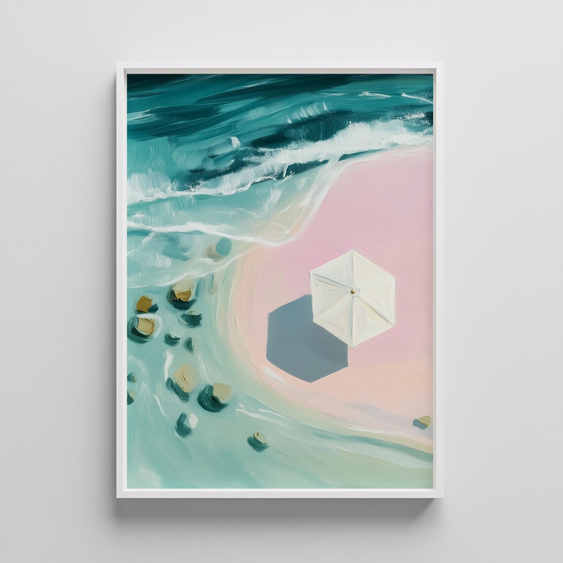 Aerial Pink Beach With White Umbrella Coastal Oil Painting Poster