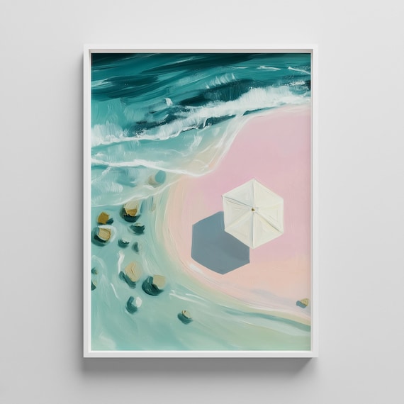 Aerial Pink Beach With White Umbrella Coastal Oil Painting Poster