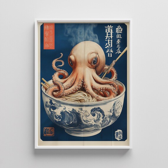 Vintage Octopus Ramen Print Retro Japanese Kitchen Art