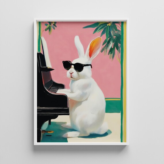 Rabbit Piano Art Print Quirky Pastel Animal Poster