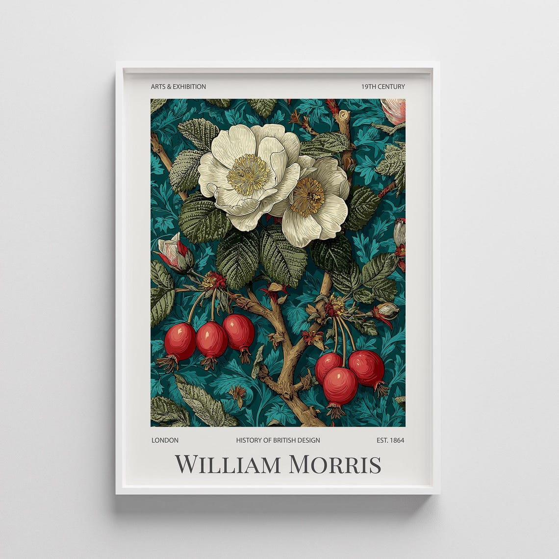William Morris White Blossom Poster, Vintage Teal Floral Artwork