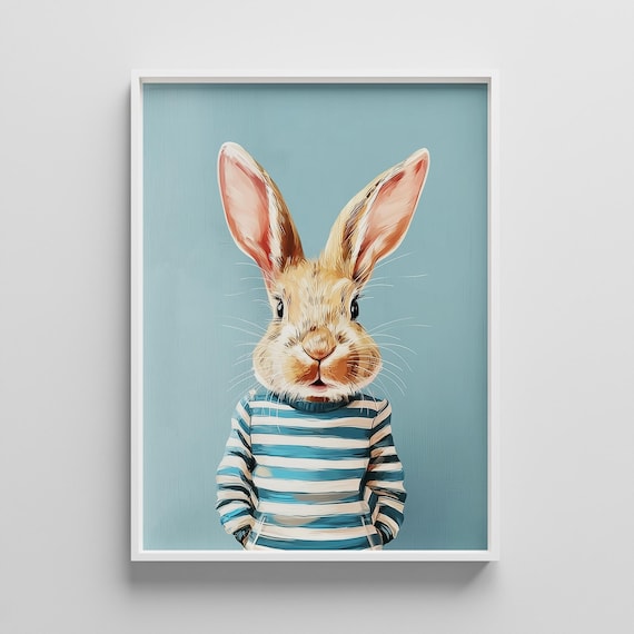 Bunny Rabbit In Blue Striped Sweater Cute Whimsical Animal Poster