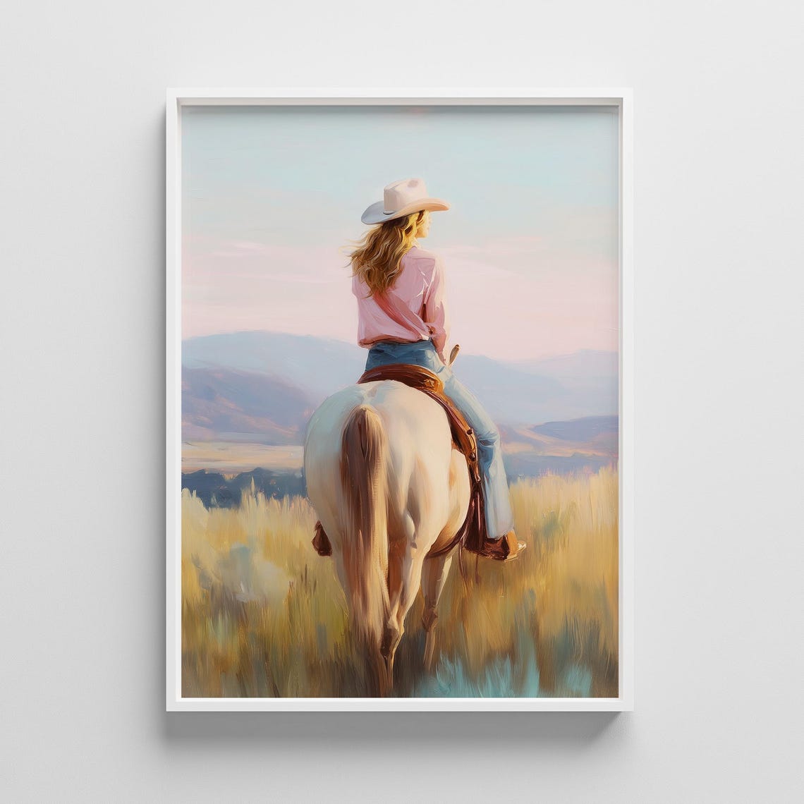 Cowgirl On Horse Riding Through Golden Fields Sunset Western Poster
