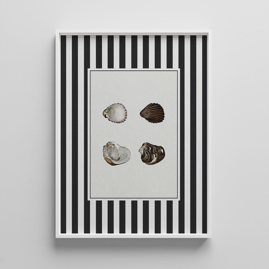Four Vintage Seashell Illustrations on Black Striped Coastal Poster