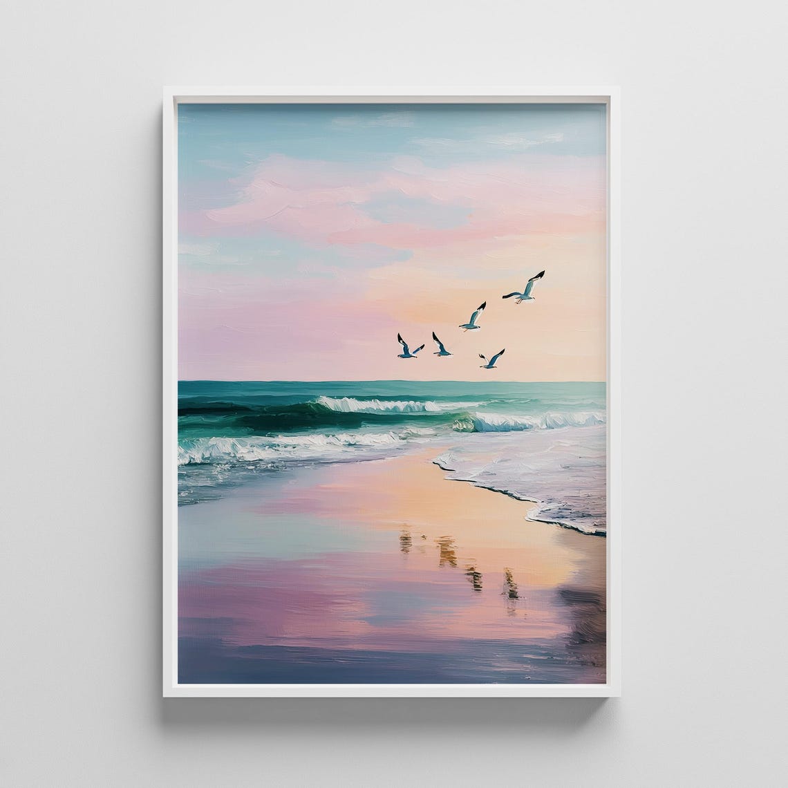 Pastel Beach Sunset with Seagulls Ocean Waves Painting Poster