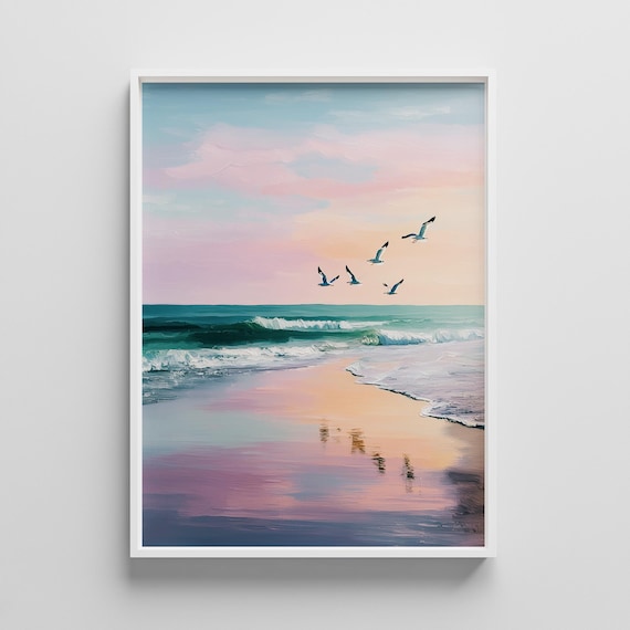 Pastel Beach Sunset with Seagulls Ocean Waves Painting Poster