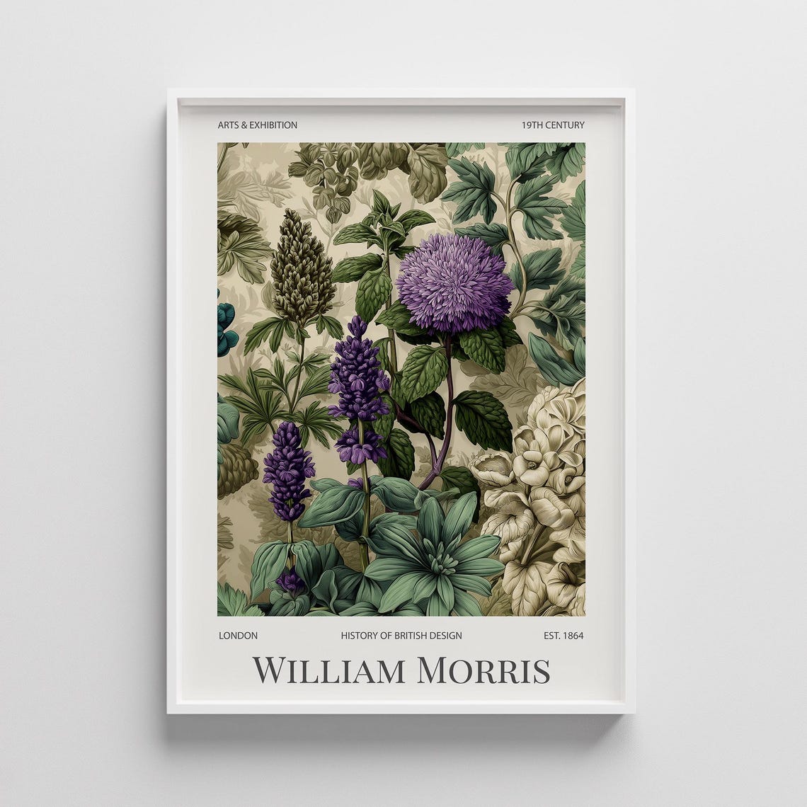 William Morris Purple Botanical Exhibition Poster with Flowers