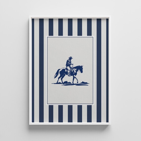 Navy Blue Cowboy On Horseback Silhouette Preppy Western Wall Poster