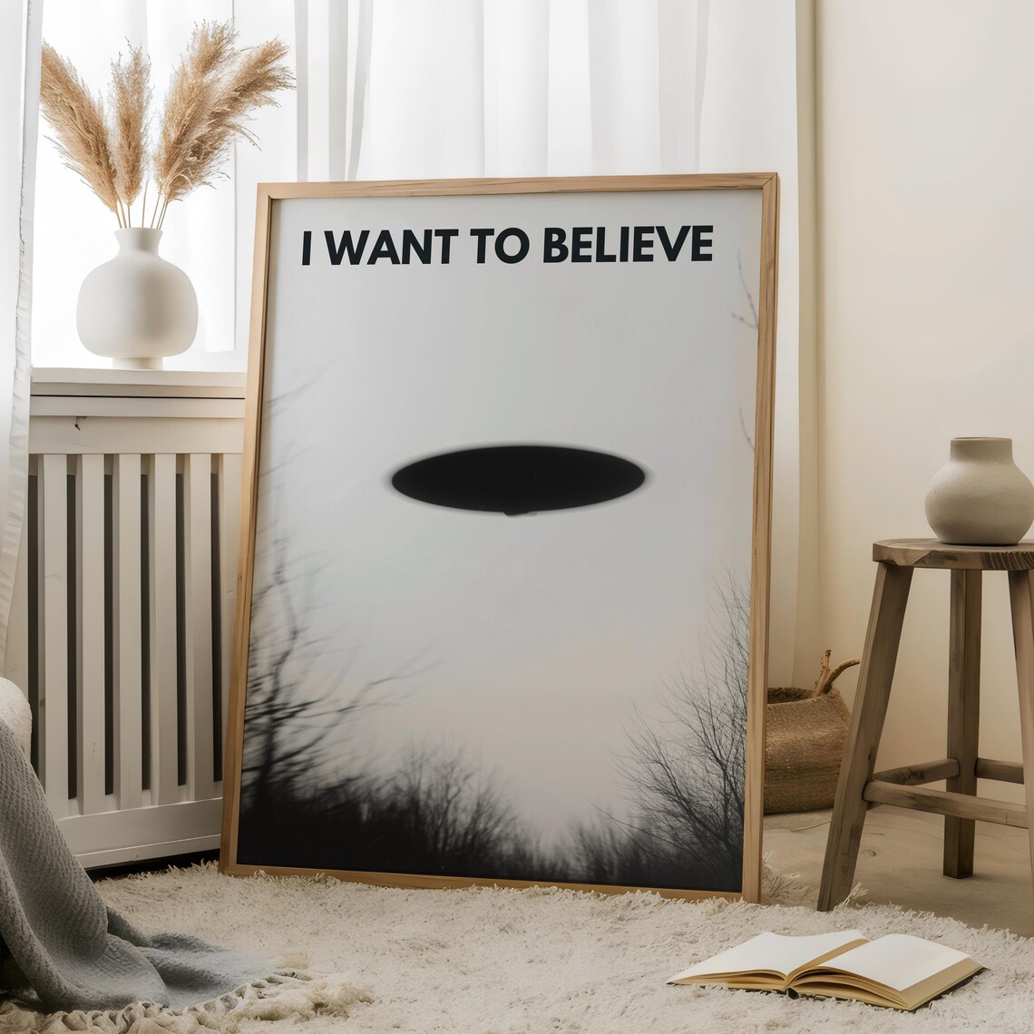 I Want to Believe Retro Black and White UFO Saucer Photo Poster