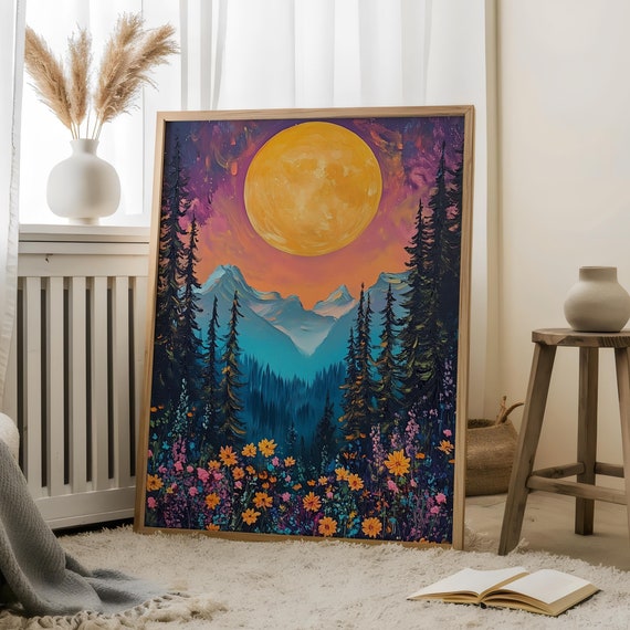 Oil Paint Full Moon With Wildflowers Celestial Printgloomy Moody Artnight Artimpasto Style Moonboho Printscelestial Prints