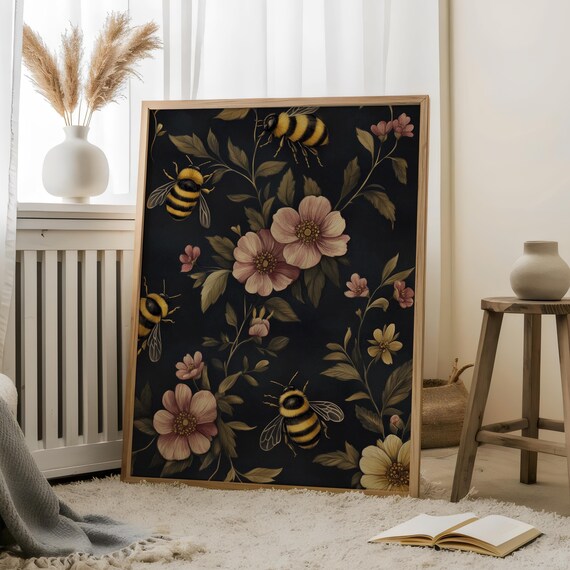 Dark Botanical Bumblebee And Pink Blossoms Moody Gothic Floral Poster