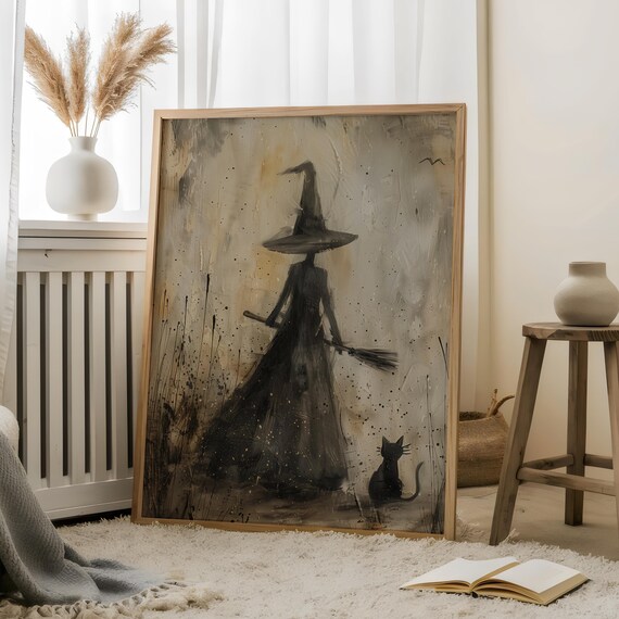 Oil Painting Witch And Cat Mystical Witchwitch Silhouette Printdark Academia Witchrustic Tones Witchhaunted Black