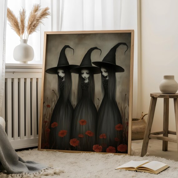 Three Whimsical Witch Portraitmystical Printblack Wall Artmystical Printkids Arthorror Witchy